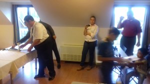 The youngster on the right just got his prize but declined to stand still